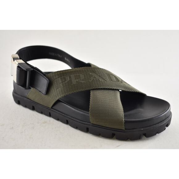 Prada Montana Nastro Criss Cross Strap Buckle Green Black Logo Flat Sandal 35.5 - Picture 5 of 16